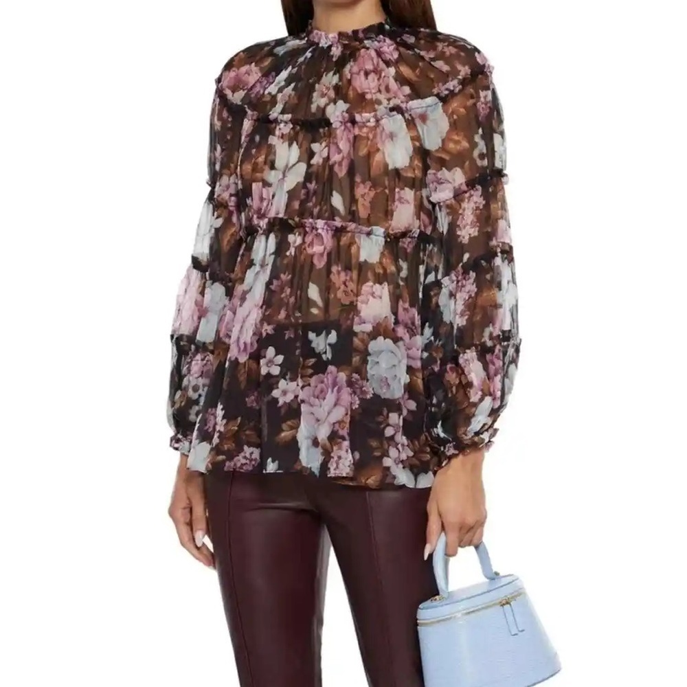 Anthropologie O.P.T. Charm Tiered Floral Blouse Black size Small